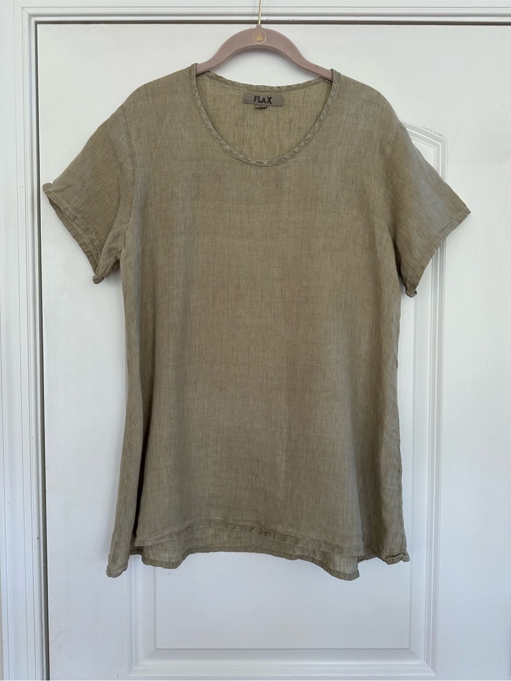 FLAX 100% Linen Tunic Top Short Sleeve Green Jeanne Engelhart Small Cottage